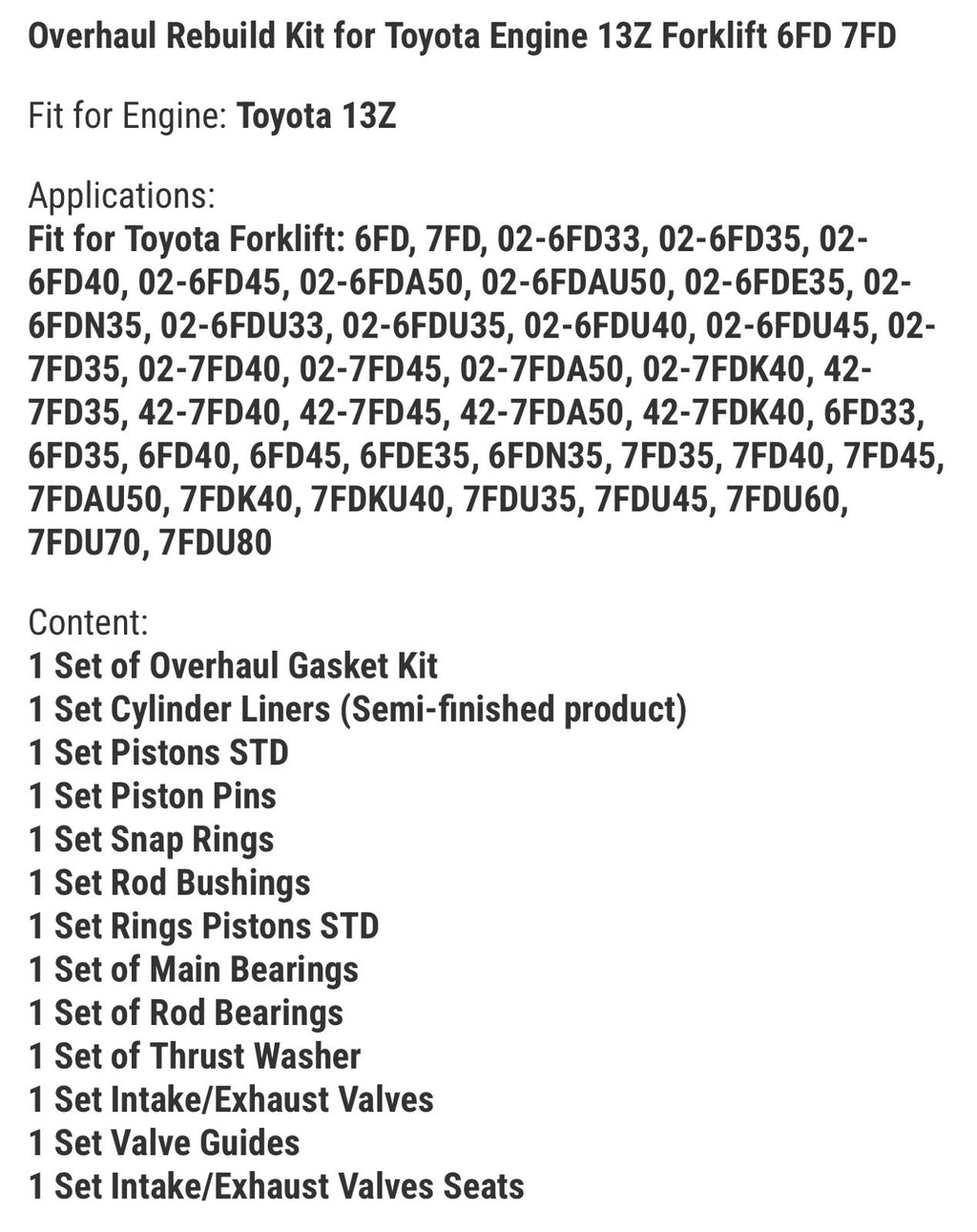 Overhaul Rebuild Kit for Toyota Engine 13Z Forklift 6FD 7FD