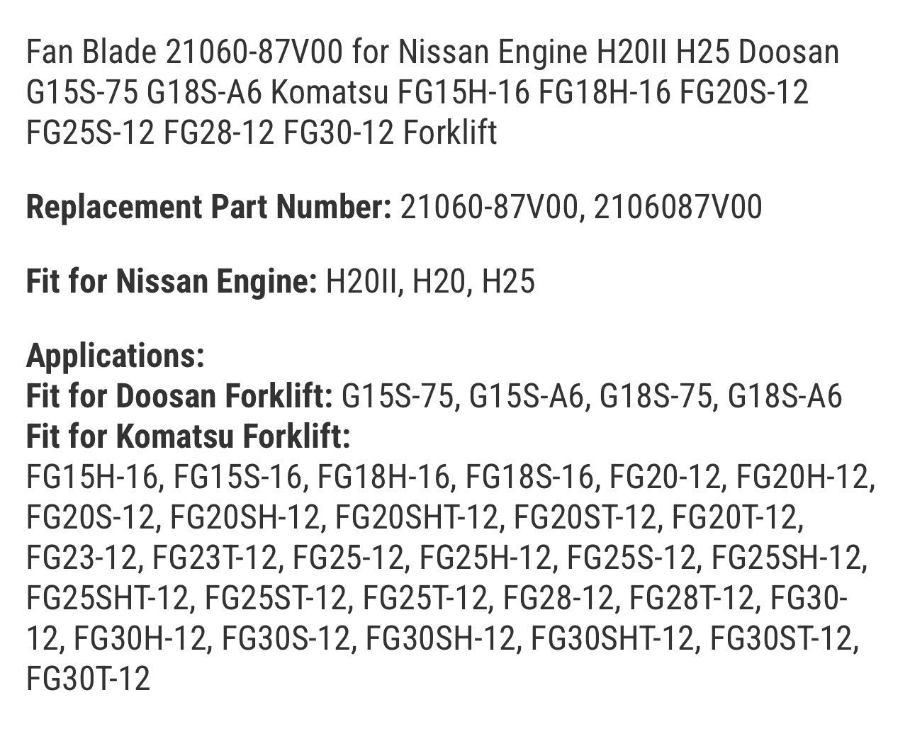 Fan Blade 21060-87V00 for Nissan Engine H20II H25 Doosan G15S-75 G18S-A6 Komatsu