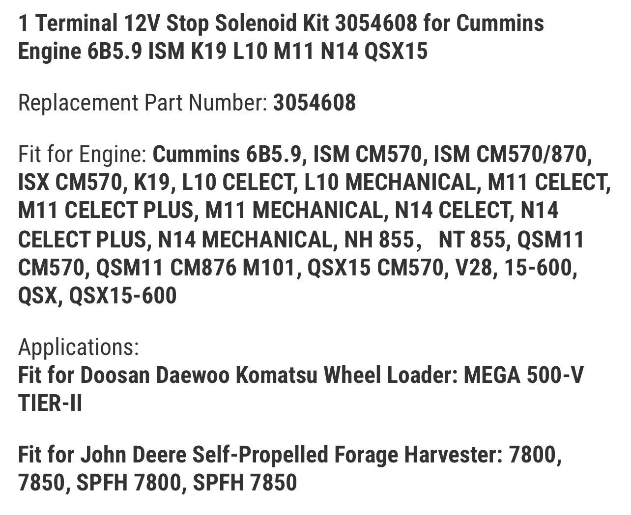 1 Terminal 12V Stop Solenoid Kit 3054608 for Cummins Engine 6B5.9 ISM K19 L10 M1