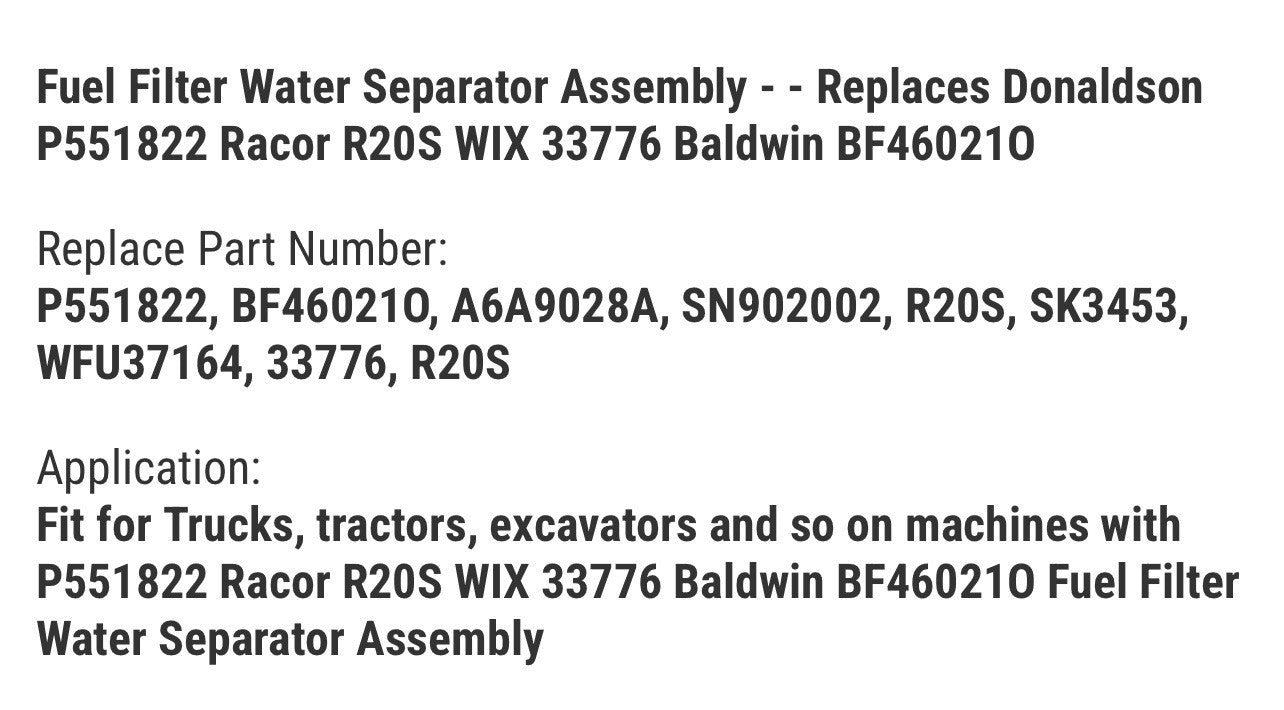 Fuel Filter Water Separator Assembly - - Replaces Donaldson P551822 Racor R20S