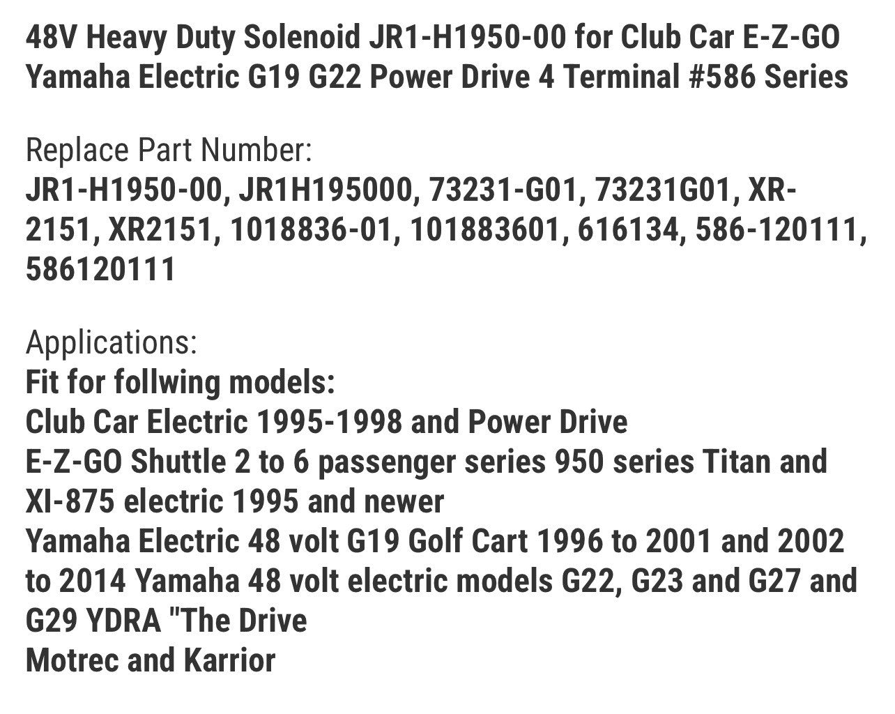 48V Heavy Duty Solenoid JR1-H1950-00 for Club Car E-Z-GO