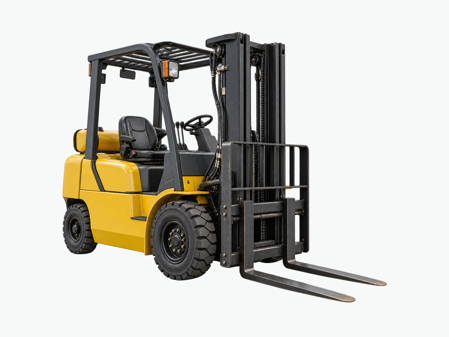 Yellow and black forklift, seen from the front and side